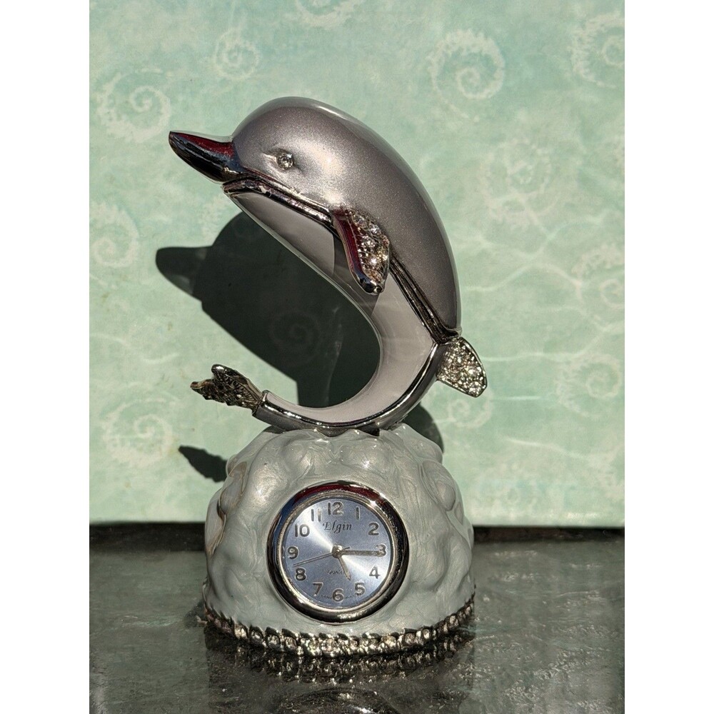 Vintage Elgin Mini Table Top Dolphin Clock Rhinestone Accents